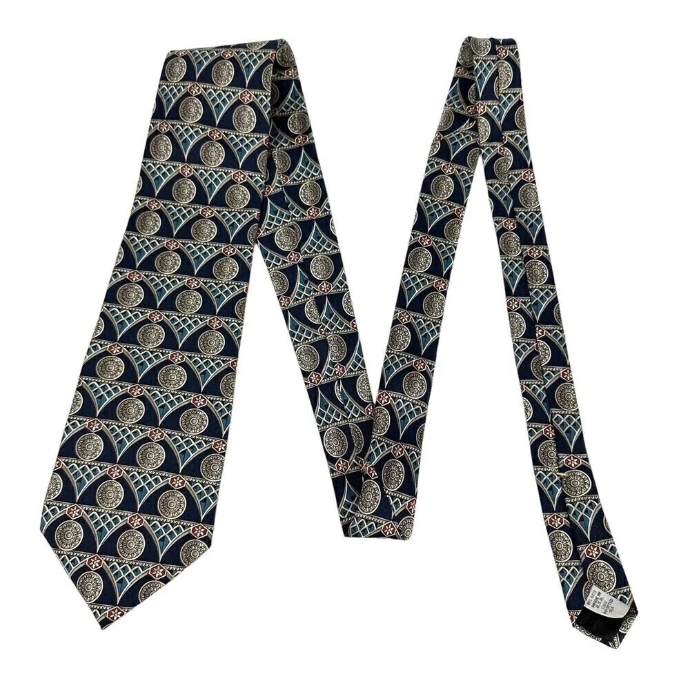 Oscar De La Renta Tie Mens Navy Medallion 100% Silk Necktie Woven Made in Italy